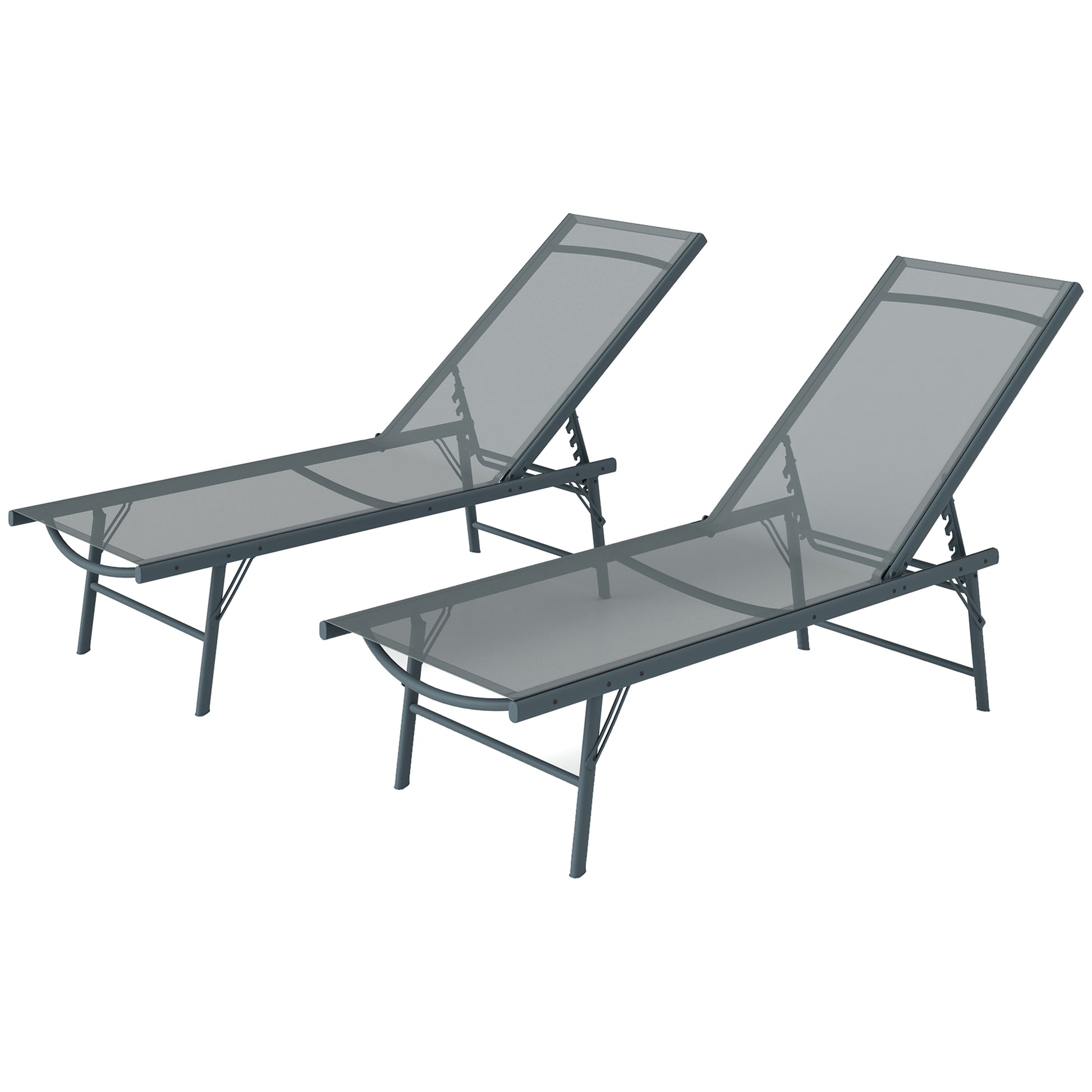 2 Pieces Folding Outdoor Lounge Chairs, Reclining Chaise Lounge Tanning Chair w/ Adjustable Back, Mesh Seat, Light Grey