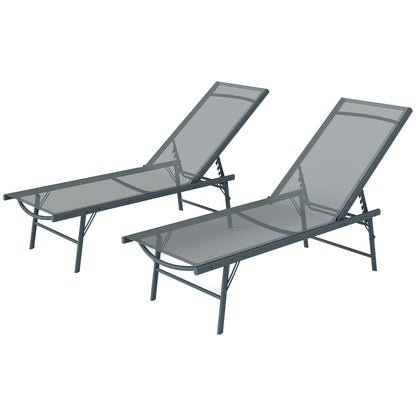 2 Pieces Folding Outdoor Lounge Chairs, Reclining Chaise Lounge Tanning Chair w/ Adjustable Back, Mesh Seat, Light Grey