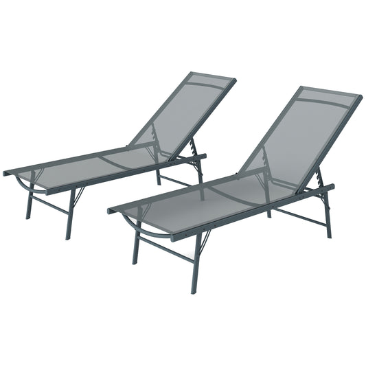 2 Pieces Folding Outdoor Lounge Chairs, Reclining Chaise Lounge Tanning Chair w/ Adjustable Back, Mesh Seat, Light Grey