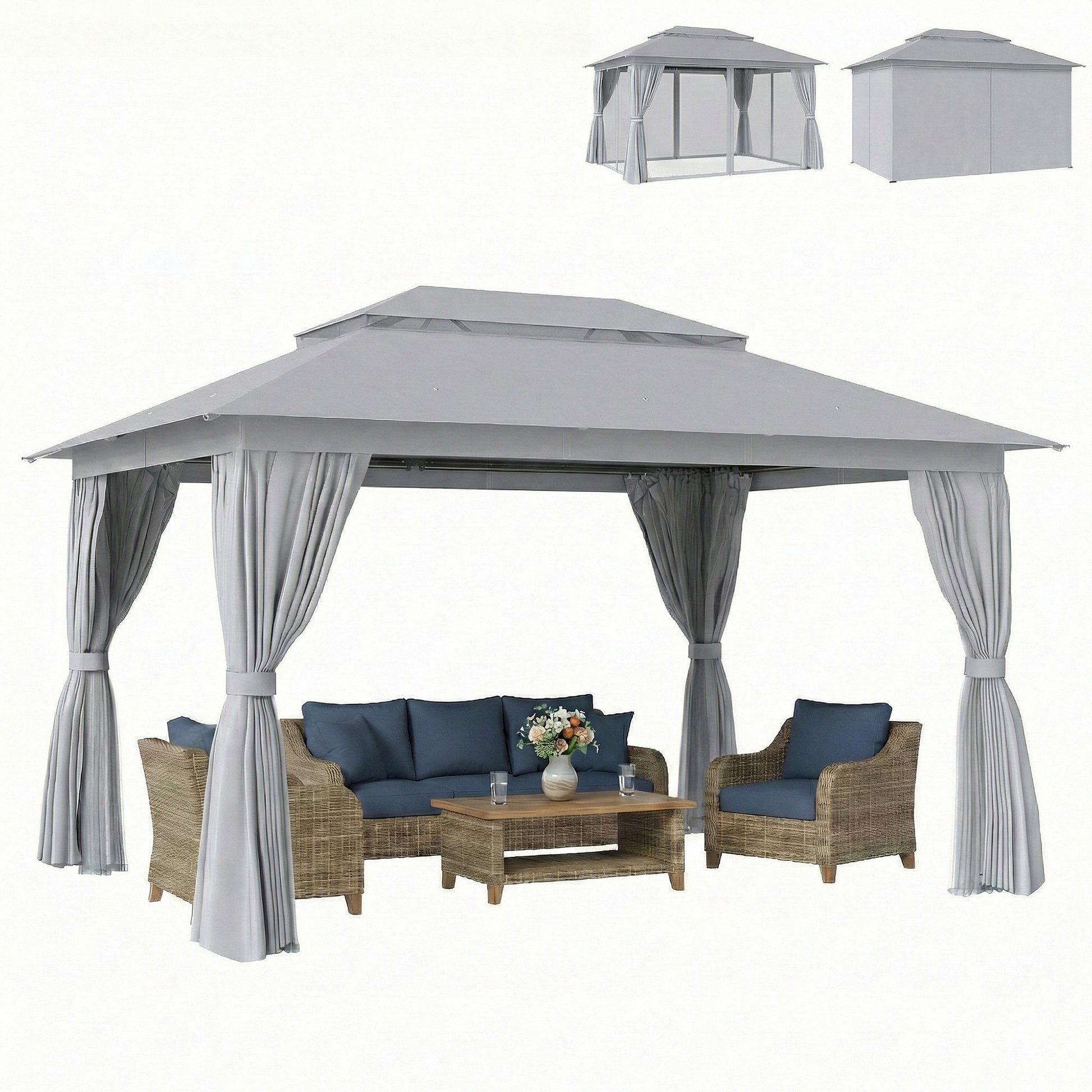 10' x 13' Patio Gazebo, UPF50+ Double Roof Outdoor Gazebo Canopy with Netting and Curtains, Steel Frame, Dark Grey