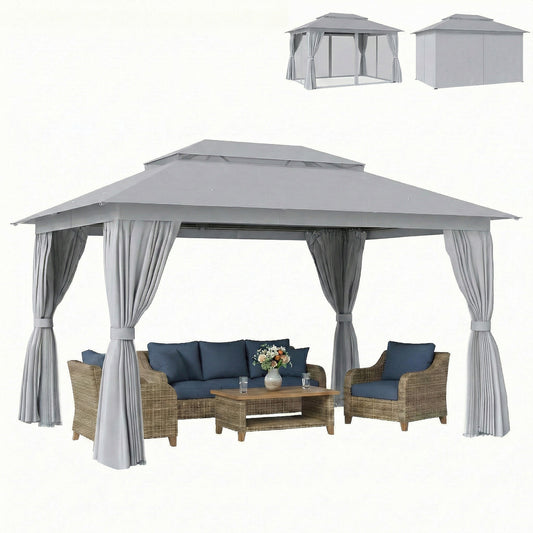 10' x 13' Patio Gazebo, UPF50+ Double Roof Outdoor Gazebo Canopy with Netting and Curtains, Steel Frame, Dark Grey
