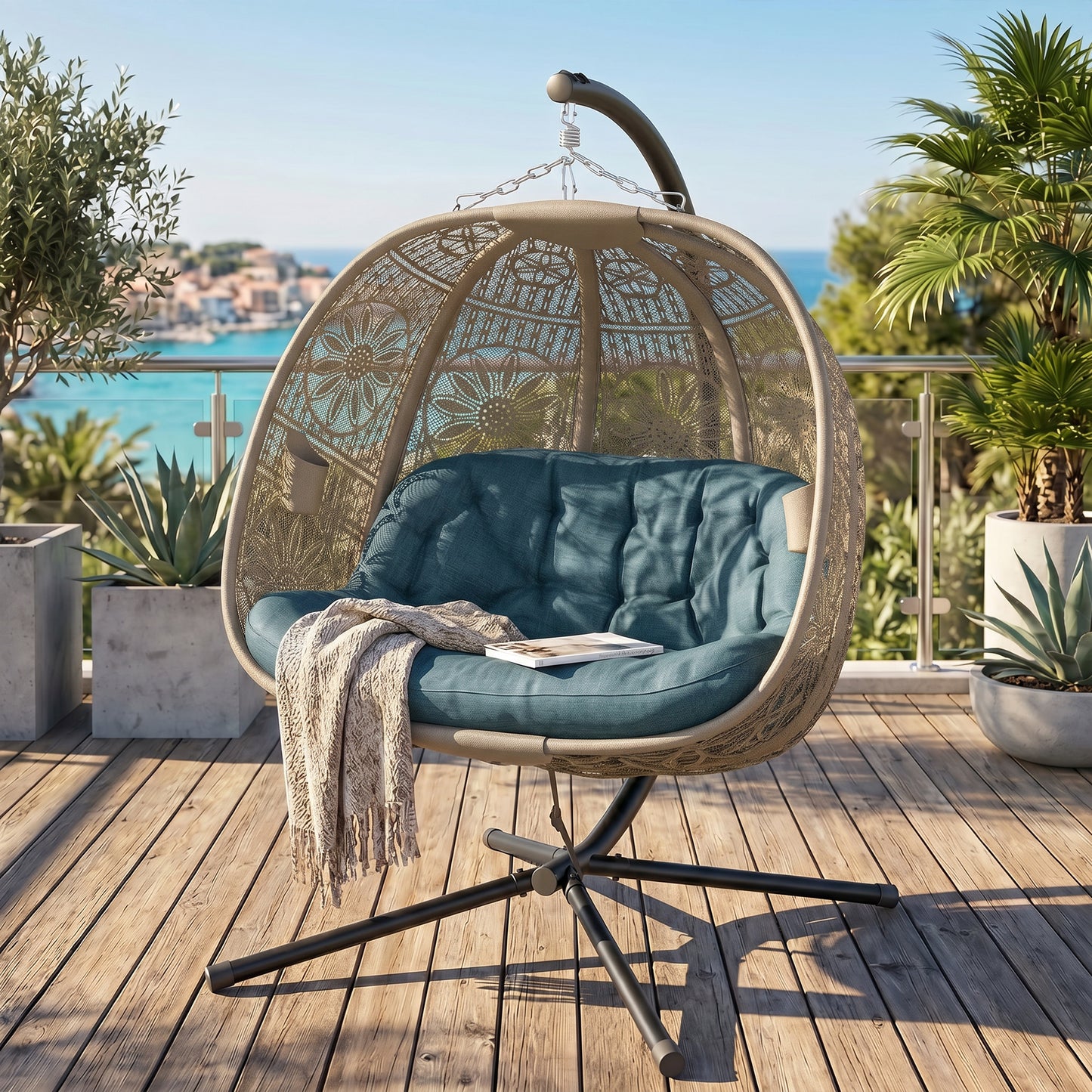 Hanging Egg Chair with Stand, Foldable Basket Swing Chair with Removable Washable Cushion, Dark Grey