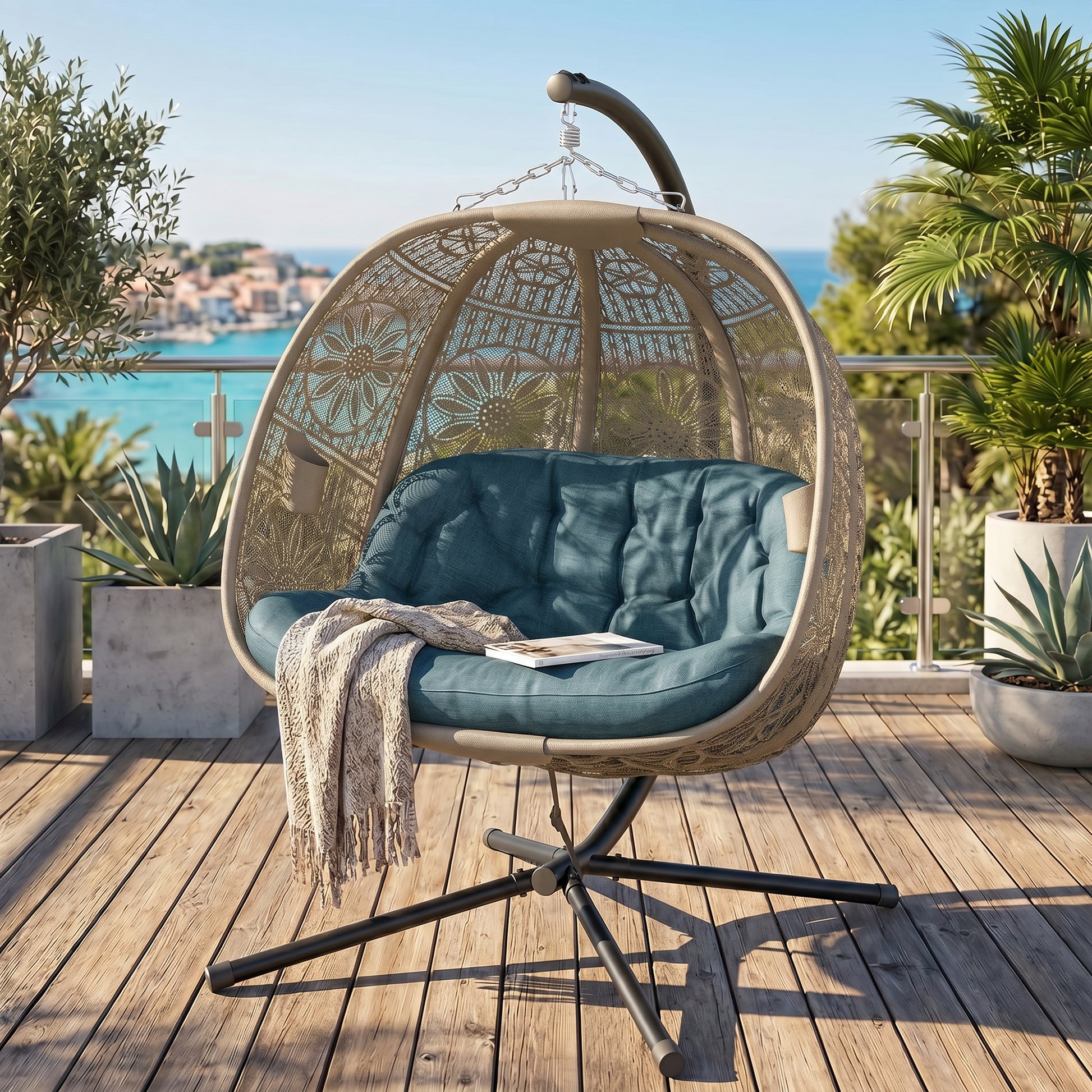 Hanging Egg Chair with Stand, Foldable Basket Swing Chair with Removable Washable Cushion, Dark Grey