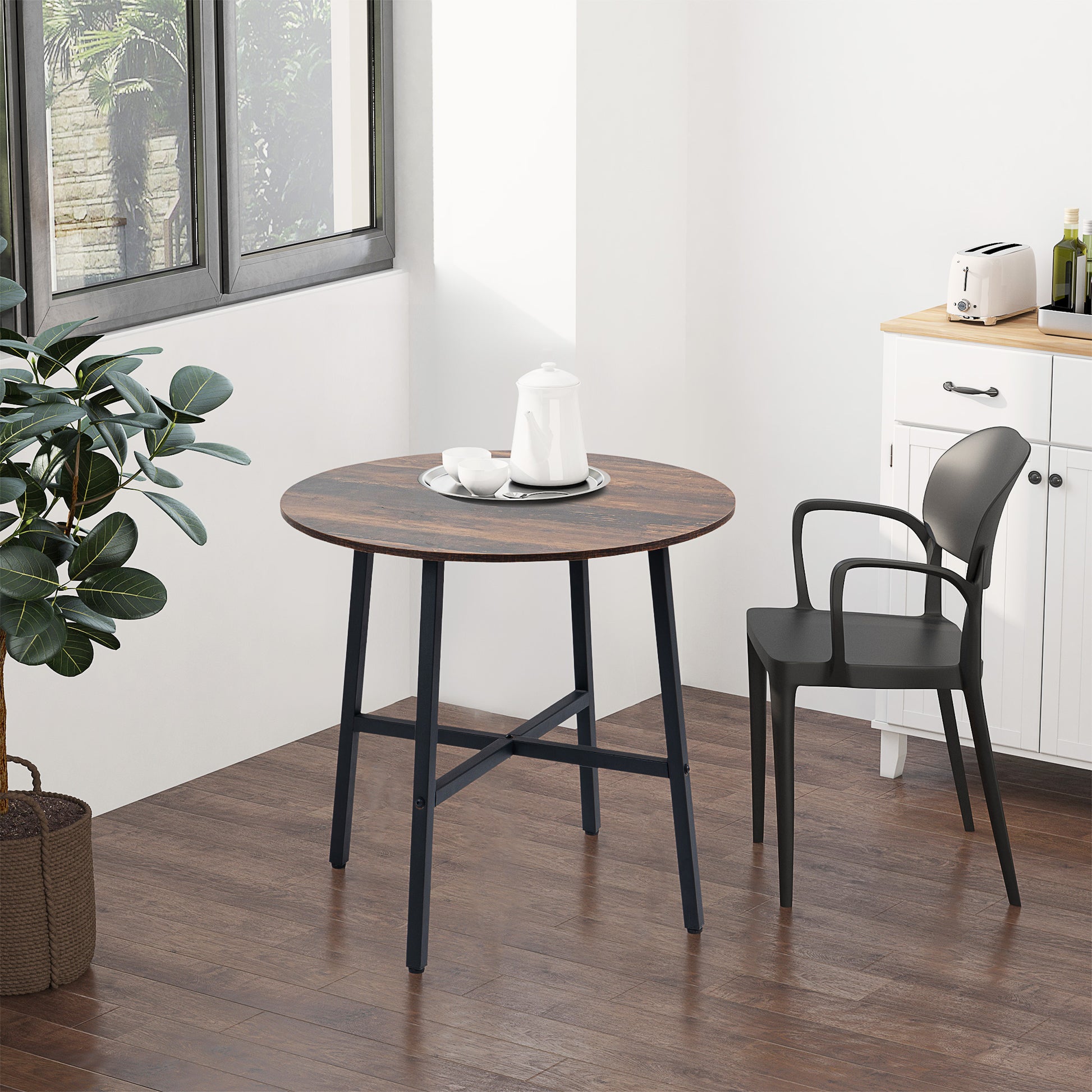 Ф31.5" Dining Room Table, Industrial Style Kitchen Table Round with Steel Legs, Rustic Brown