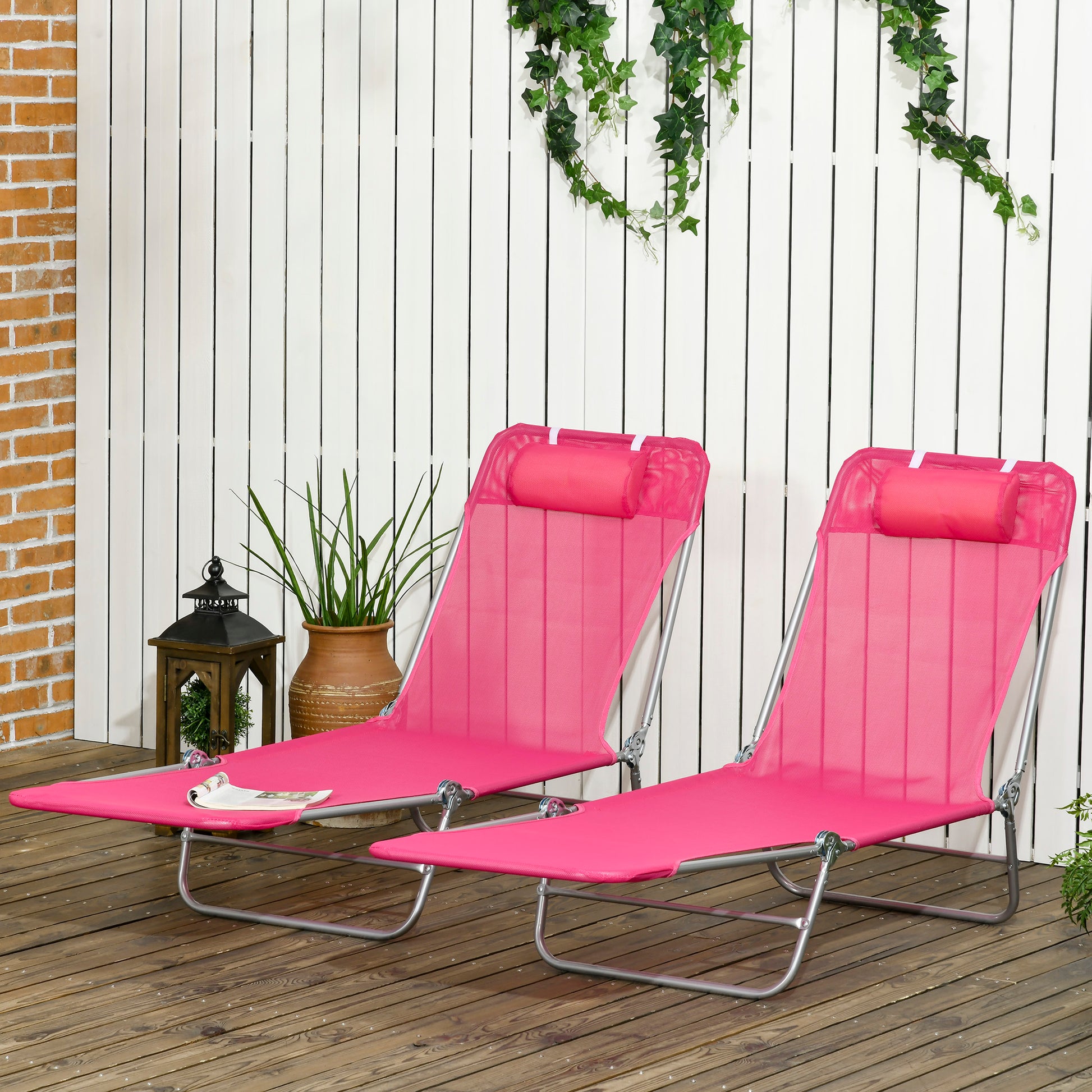 Set of 2 Folding Chaise Lounge Chairs, Outdoor Poolside Sun Tanning Chairs w/ Pillow, Reclining Backrest, Pink