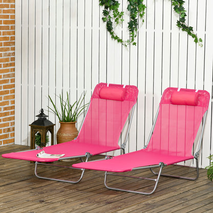 Set of 2 Folding Chaise Lounge Chairs, Outdoor Poolside Sun Tanning Chairs w/ Pillow, Reclining Backrest, Pink