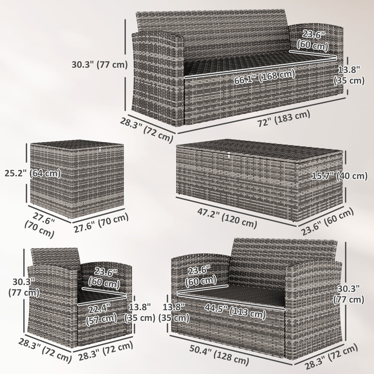 6 Pieces Wicker Patio Furniture Set with Cushions, 7-Seater Rattan Patio Sofa Set with Storage Table, Navy Blue