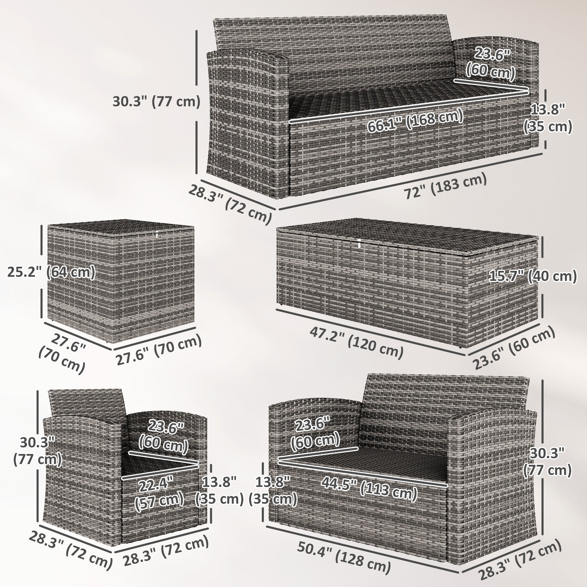 6 Pieces Wicker Patio Furniture Set with Cushions, 7-Seater Rattan Patio Sofa Set with Storage Table, Navy Blue