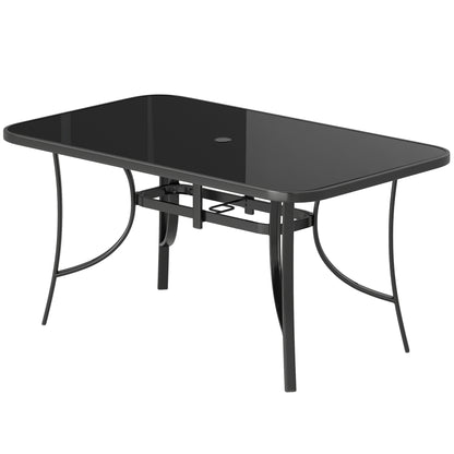 Outdoor Dining Table for 6 with Umbrella Hole, Metal Patio Dining Table with Tempered Glass Top