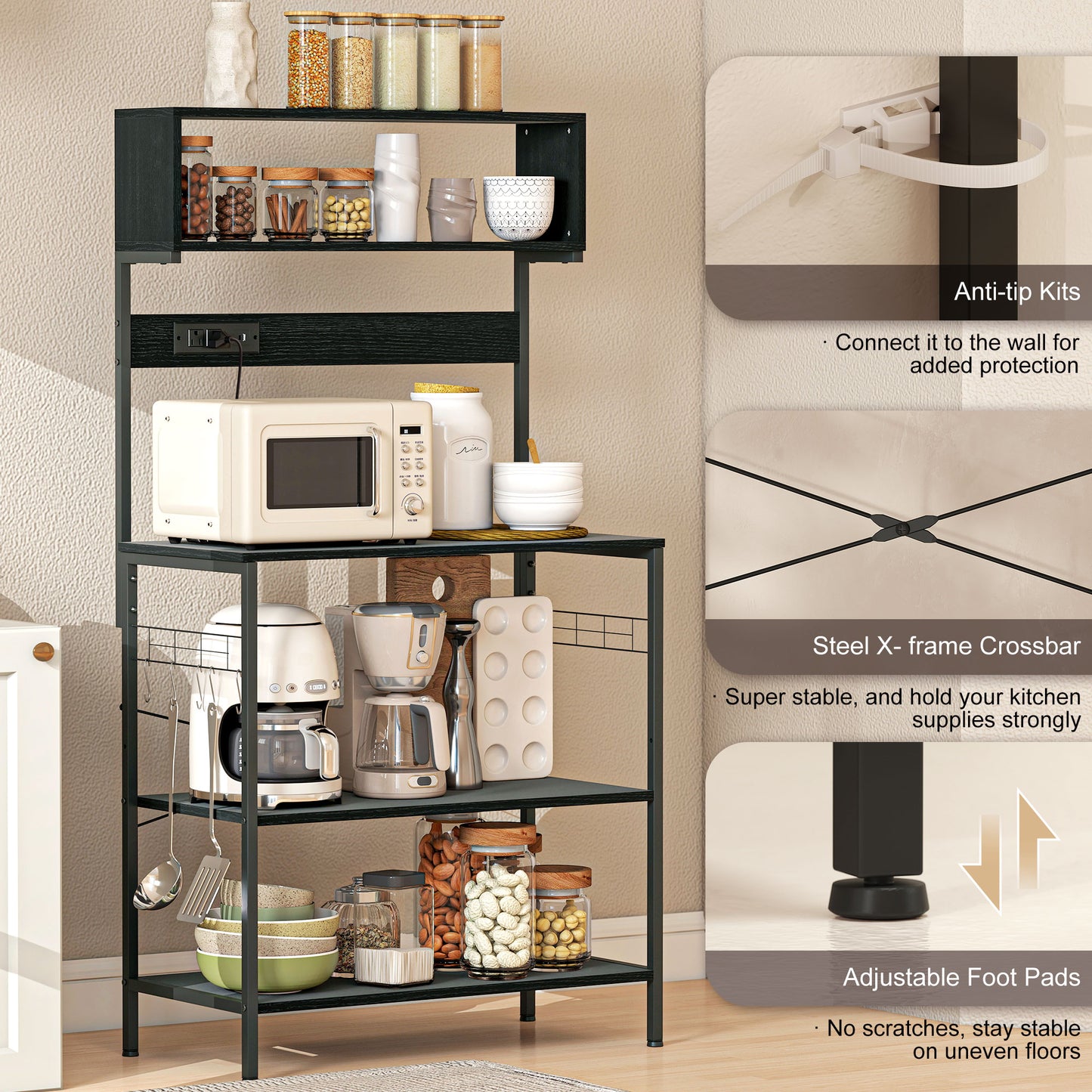 Baker's Rack with Charing Station, Microwave Shelf with Power Outlet, USB Charger and 5 Hooks, Black