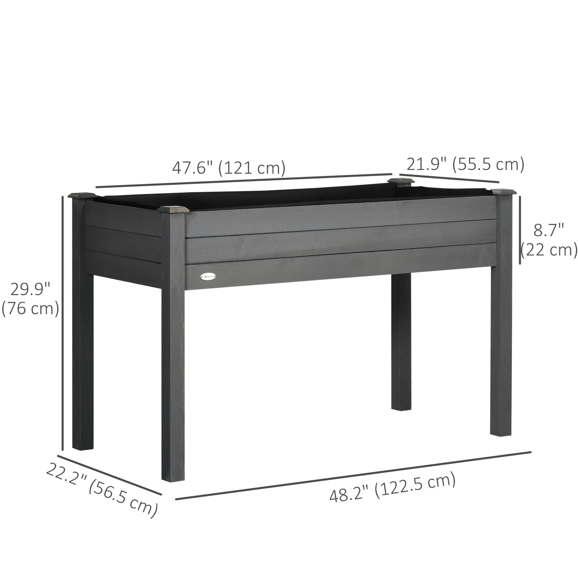 48" x 22" x 30" Wooden Patio Raised Garden Bed Planter, Elevated Planter Box with Legs, Outdoor Flower Stand with Inner Bag, Dark Grey