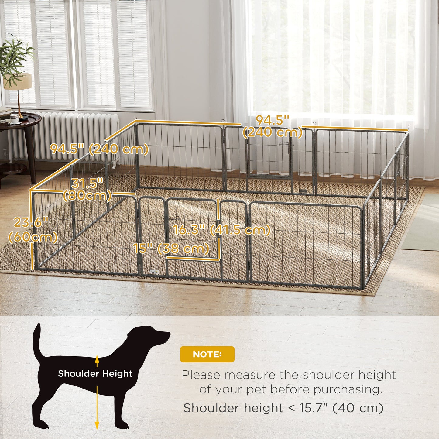 Dog Playpen, 31.5"W Heavy-Duty Metal Puppy Play Pen, Pet Exercise Fences for Outside and Indoor, DIY Design with Door for Small Dogs, 12 Panels, 23.5"H