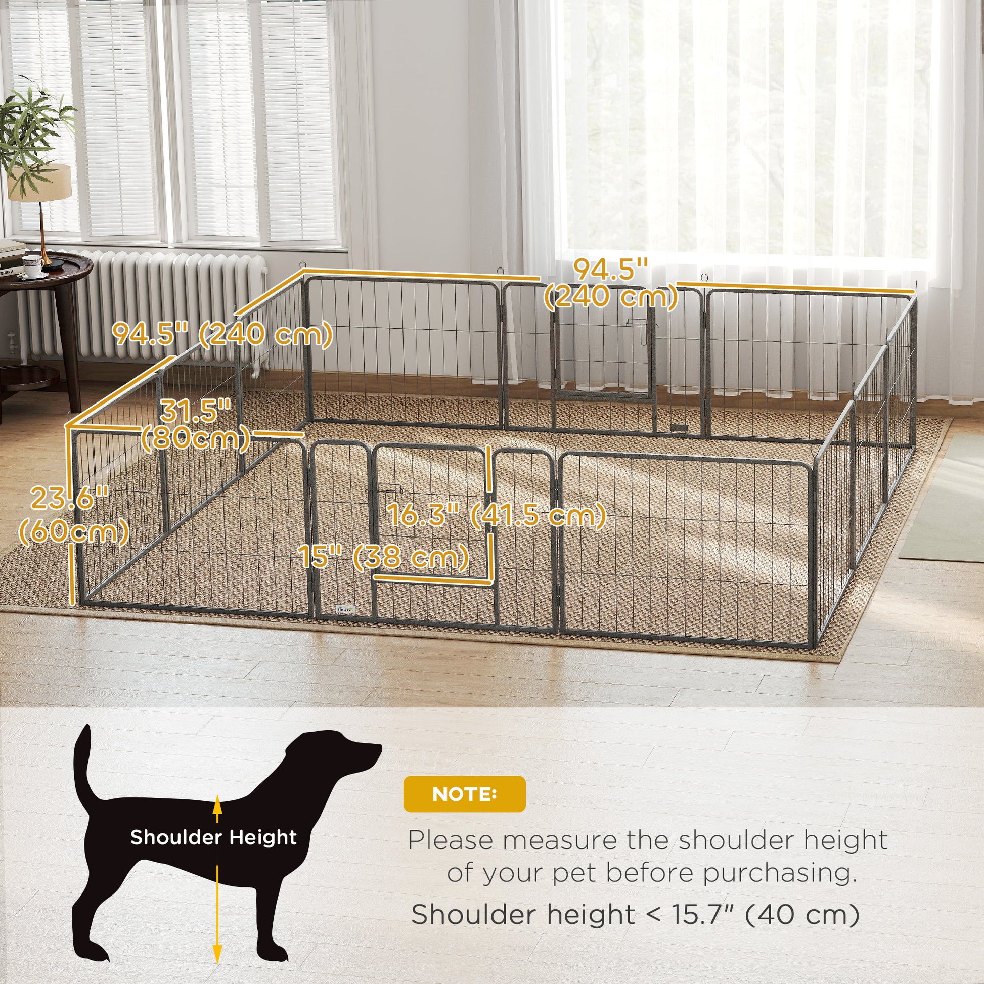 Dog Playpen, 31.5"W Heavy-Duty Metal Puppy Play Pen, Pet Exercise Fences for Outside and Indoor, DIY Design with Door for Small Dogs, 12 Panels, 23.5"H