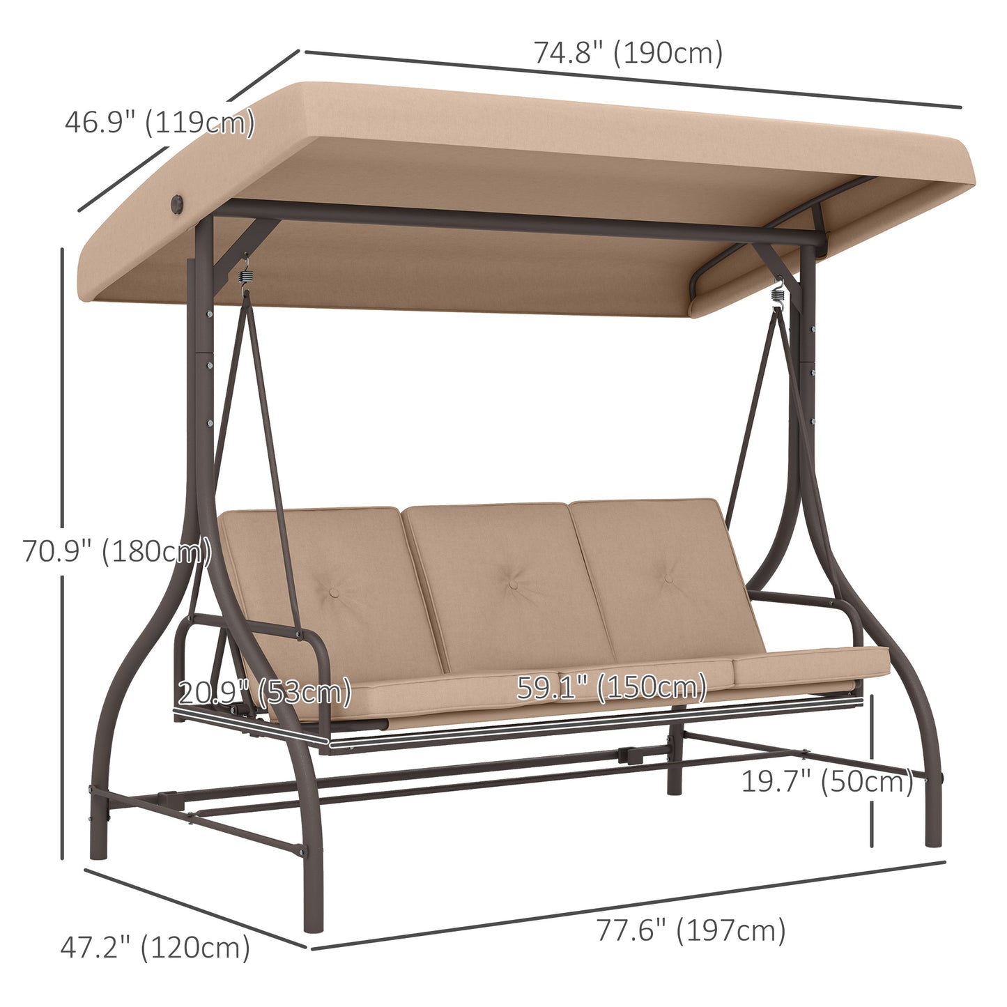 Convertible Patio Swing Bed with Canopy and Cushions, 3 Seater Porch Swing for Outdoor, Backyard, Garden, Khaki