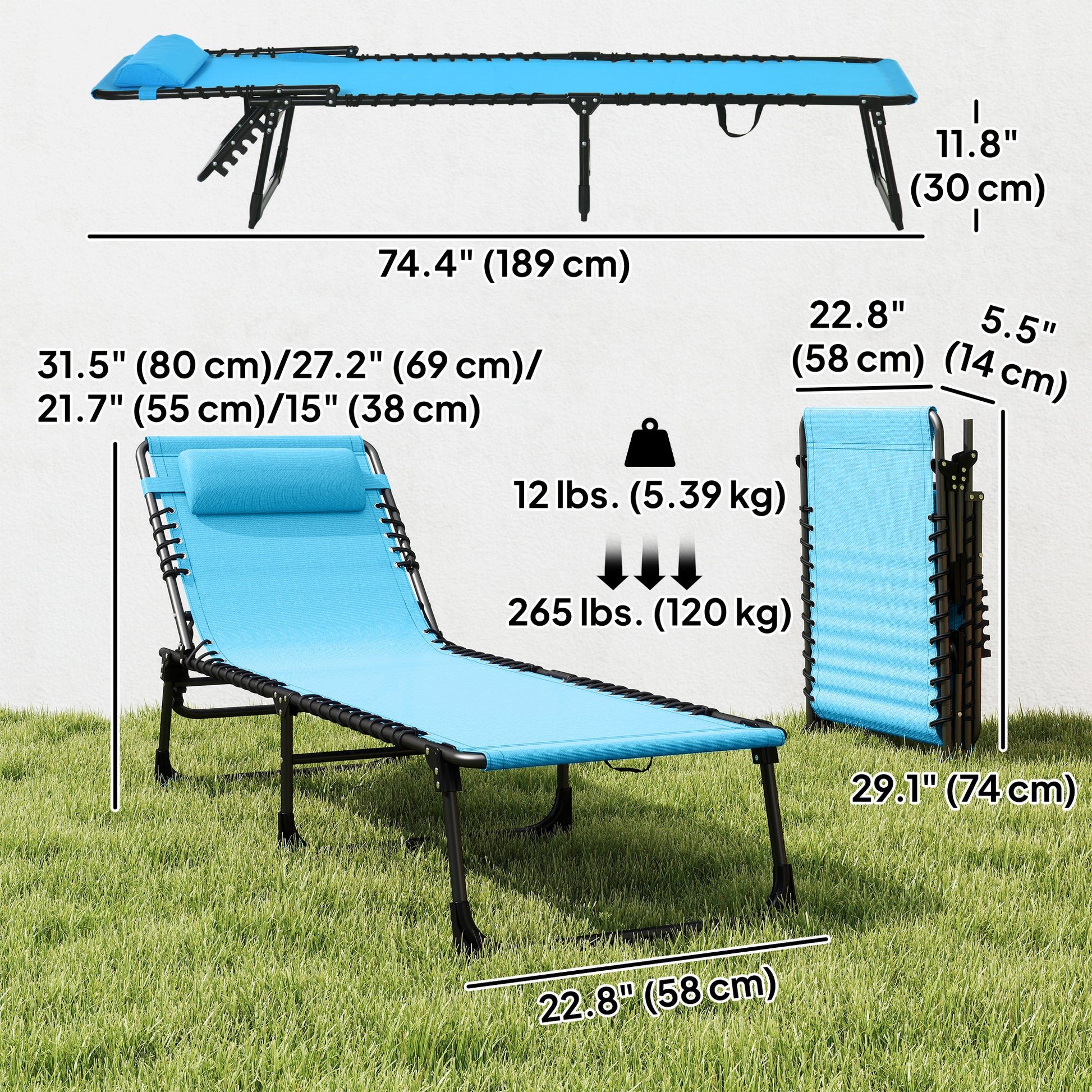 Outdoor Folding Lounge Chair, 4-Level Adjustable Chaise Lounge with Headrest, Tanning Chair Beach Bed, Reclining Lounger Cot for Camping, Hiking, Backyard, Sky Blue