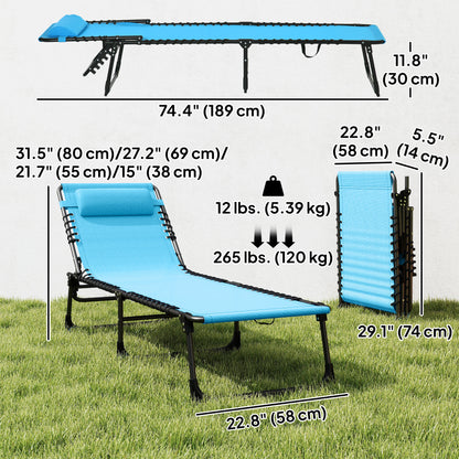 Outdoor Folding Lounge Chair, 4-Level Adjustable Chaise Lounge with Headrest, Tanning Chair Beach Bed, Reclining Lounger Cot for Camping, Hiking, Backyard, Sky Blue