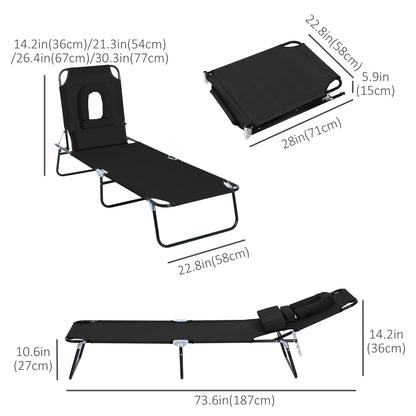 Adjustable Outdoor Lounge Chair, Garden Folding Chaise Lounge with Face Hole Reclining Tanning Chair Seat, Folding Camping Beach Lounging Bed w/ Support Pillow, Black