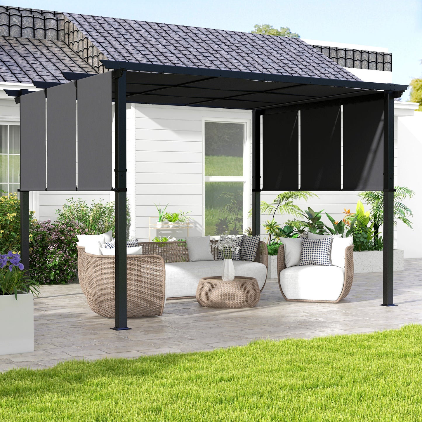 10' x 12' Metal Pergola, Outdoor Pergola with Retractable Canopy, for Garden, Patio, Backyard, Deck