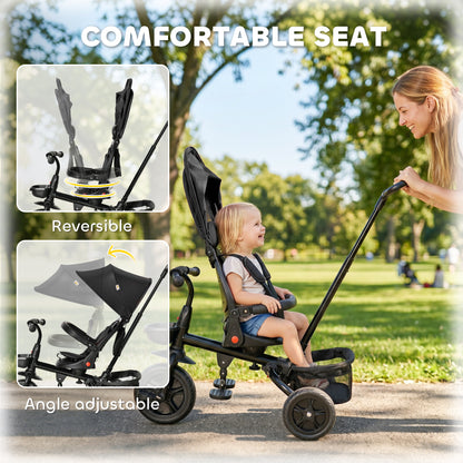 Qaba Tricycle for Toddler 4 in 1 Kids Trike, Foldable Converts Stroller to Toddler Bike, Adjustable Backrest & Curved Canopy, Detachable Guardrail & Handle for 1-5 Years Old, Black