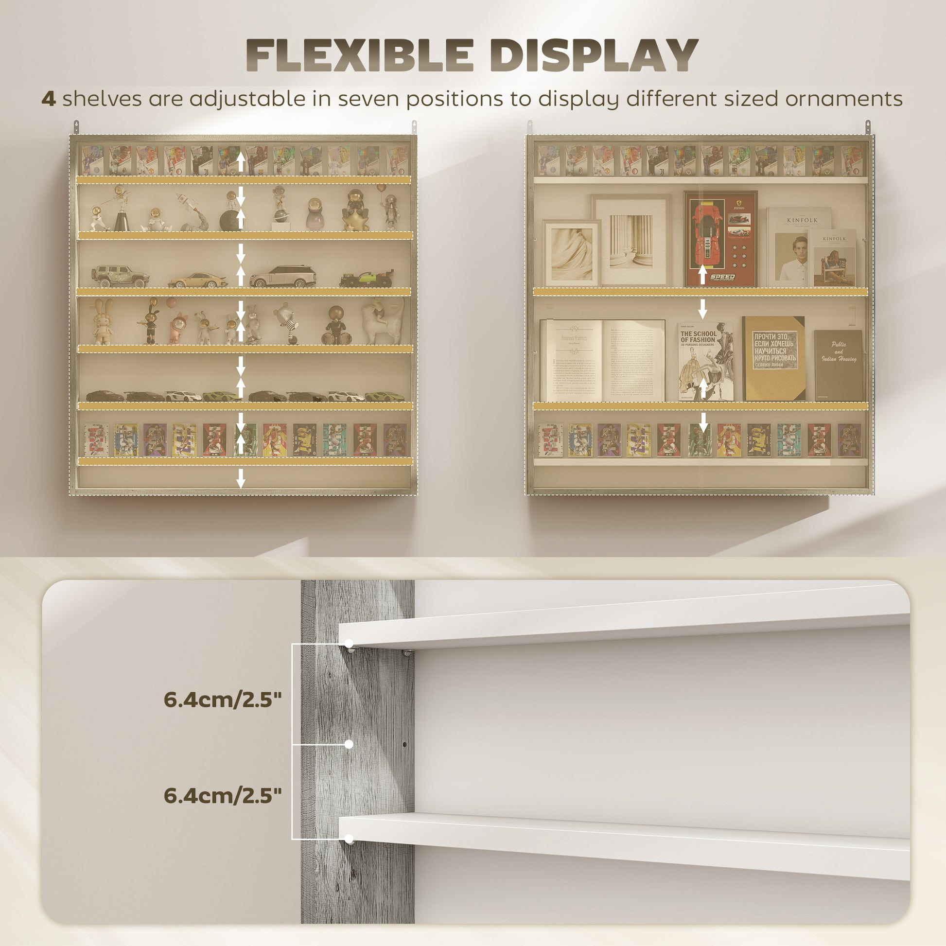 7-Tier Display Cabinet, Shot Glass Display Case, Glass Curio Cabinet with 2 Glass Doors and 6 Adjustable Shelves, Grey