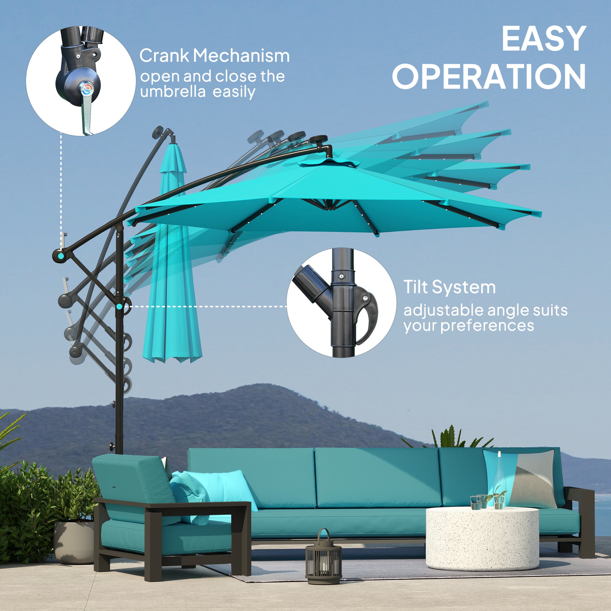 10ft Outdoor Cantilever Umbrella Banana Umbrella with Solar Lights and Adjustable Angle for Patio Backyard Turquoise