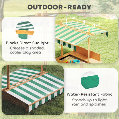 Wooden Kids Sandbox with Cover, Sand Play Station with Foldable Bench Seats and Adjustable Canopy, Light Brown