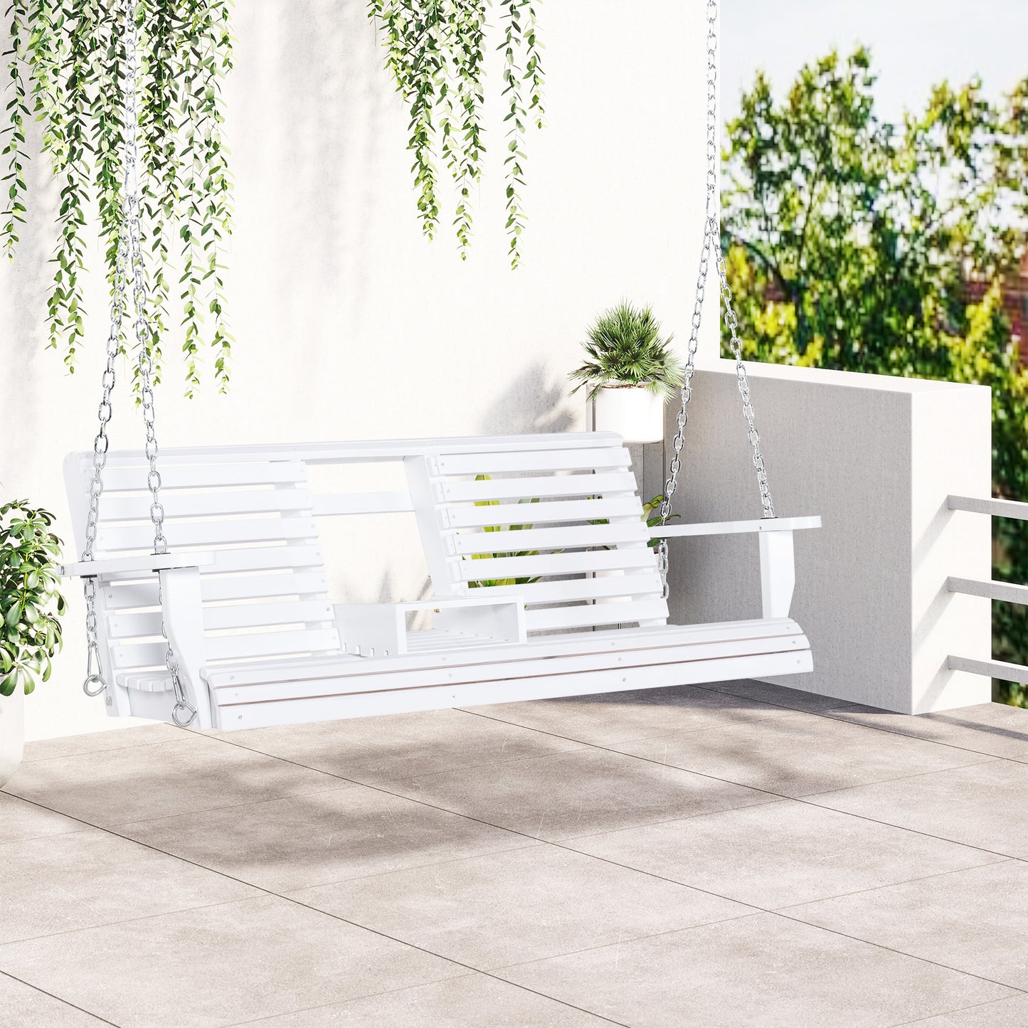 2 to 3 Seater Porch Swing Wood Patio Swing Chair Swing Bench with Foldable Table, Cup Holders, Steel Chains, White
