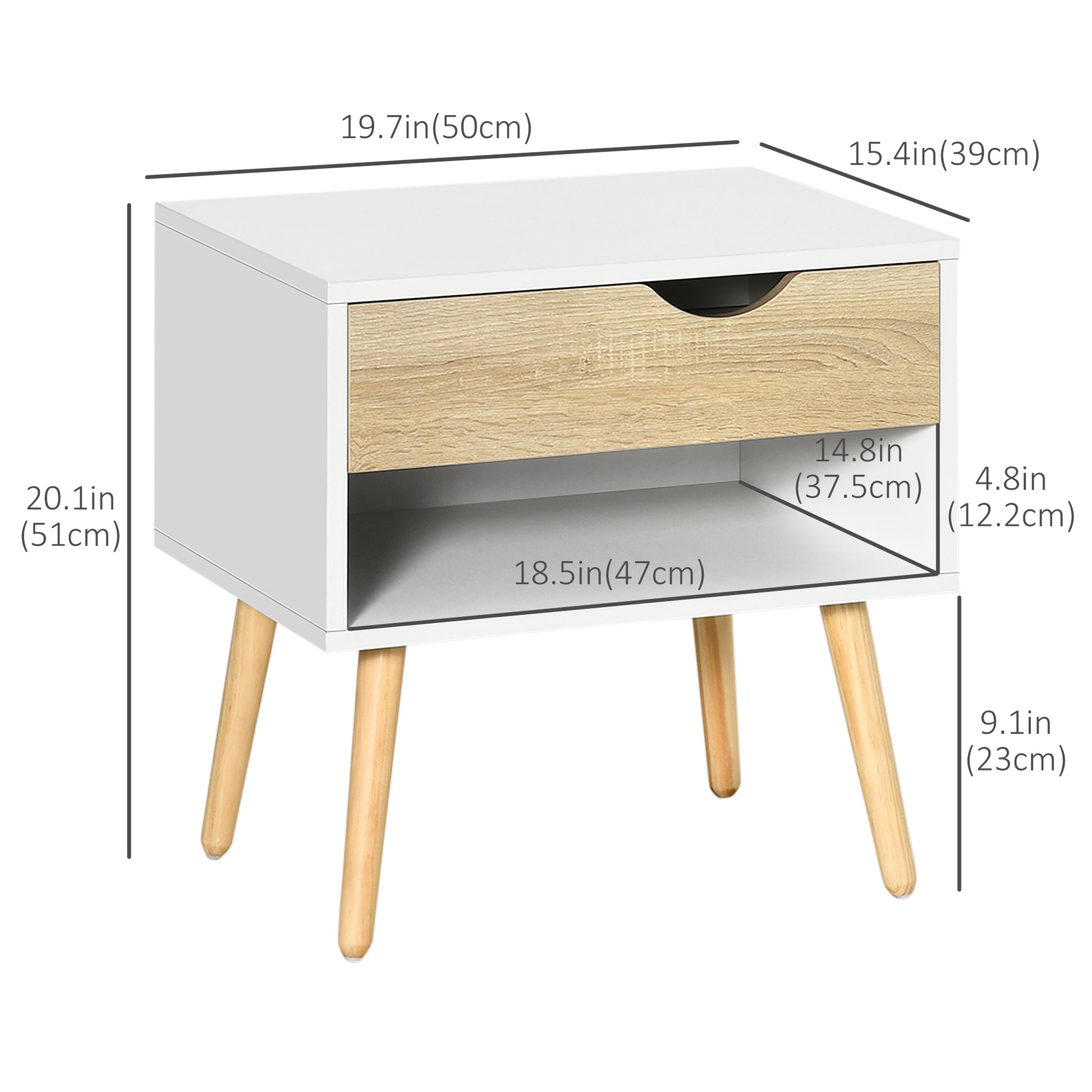 Set of 2 Bedside Table with Drawer and Shelf, Modern Nightstand with Wooden Legs, End Table for Bedroom, White