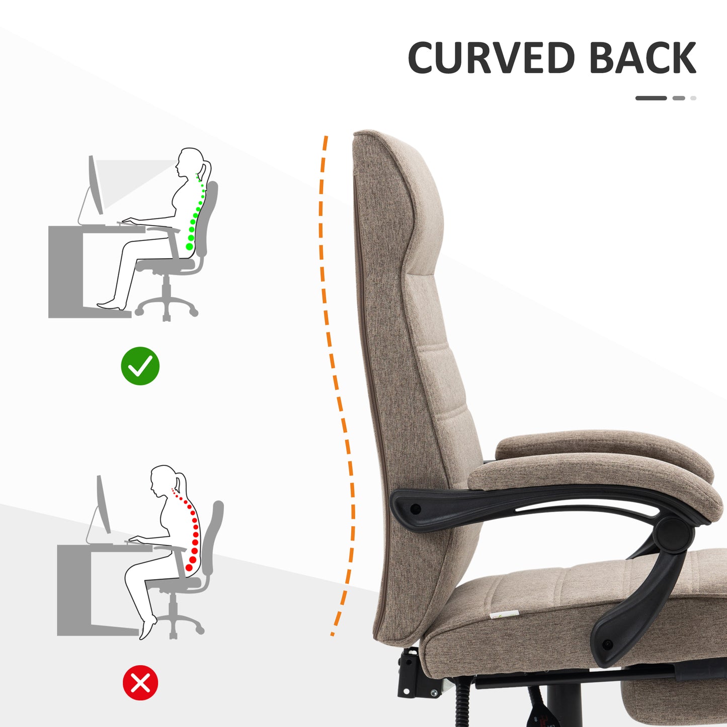 Office Chair, Linen High Back Computer Desk Chair, Swivel Recliner with Adjustable Height, Footrest and Padded Armrest, Brown