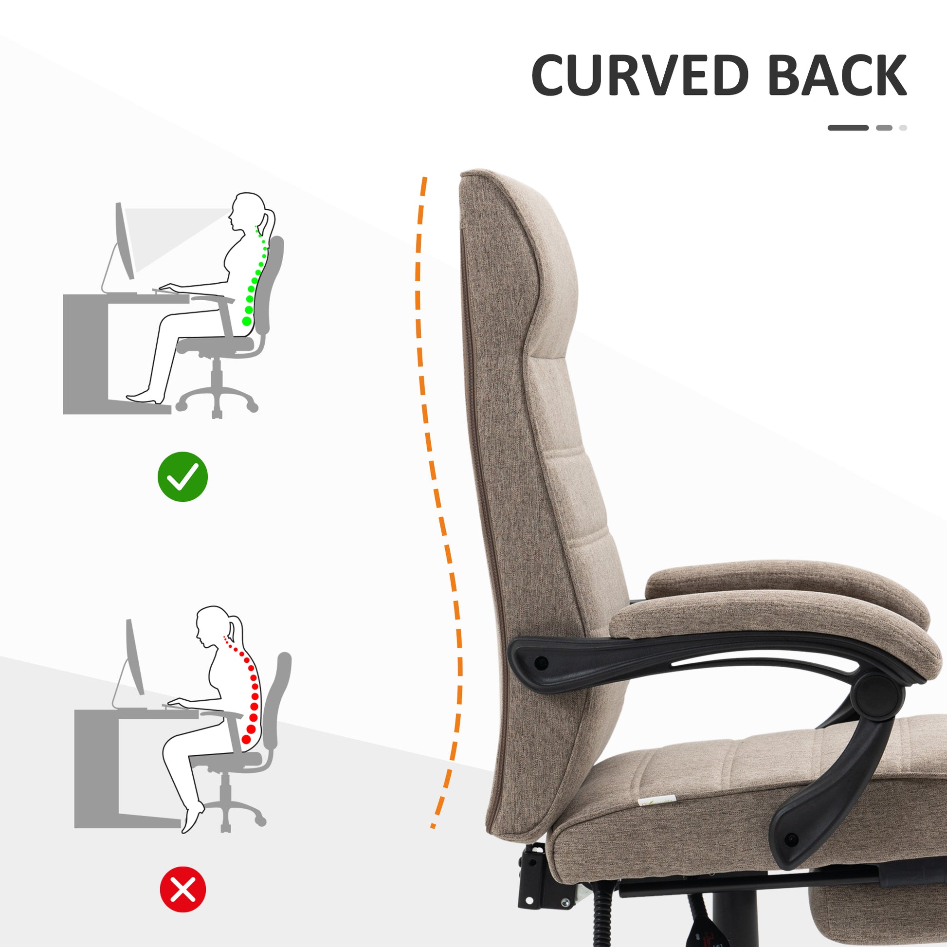 Office Chair, Linen High Back Computer Desk Chair, Swivel Recliner with Adjustable Height, Footrest and Padded Armrest, Brown