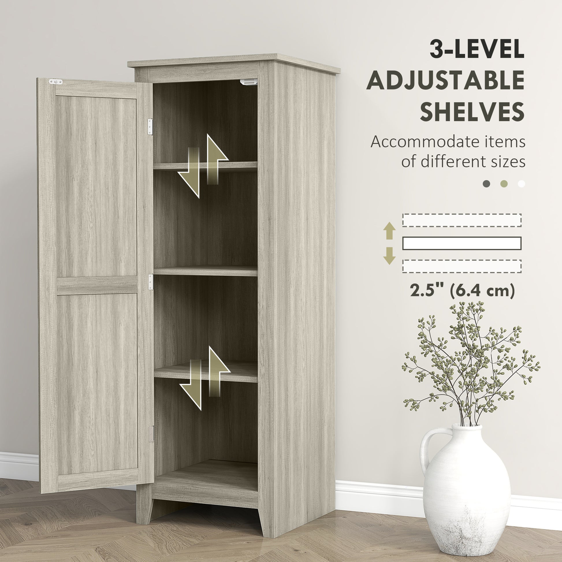 48" Kitchen Pantry Storage Cabinet w/ Barn Door, Kitchen Pantry Cabinet w/ Adjustable Shelves, Grey Wood Grain