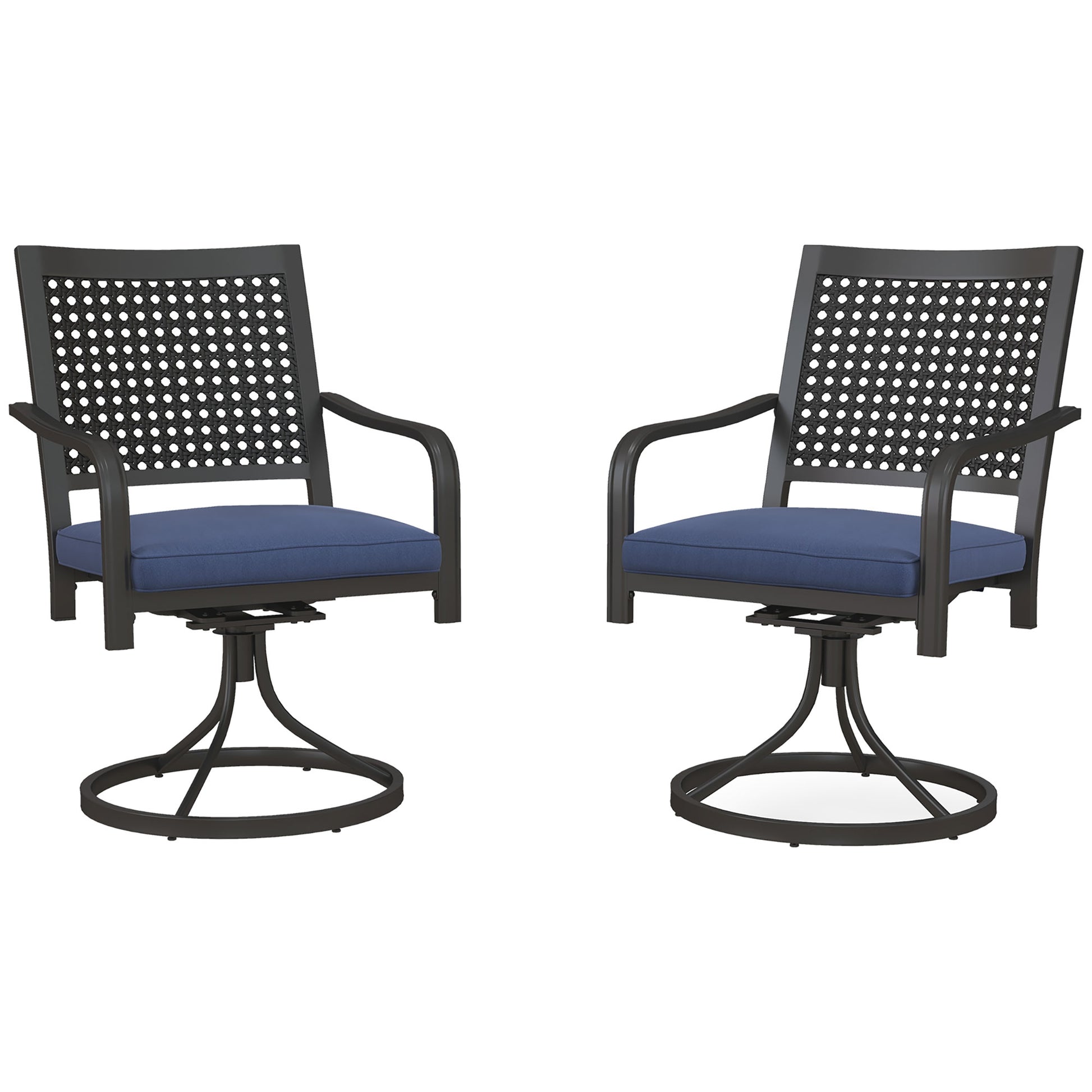 2 Pieces Patio Swivel Chairs with Cushion, Outdoor Swivel Rocker with Curved Armrests, Backrest for Garden, Balcony, Porch, Navy Blue