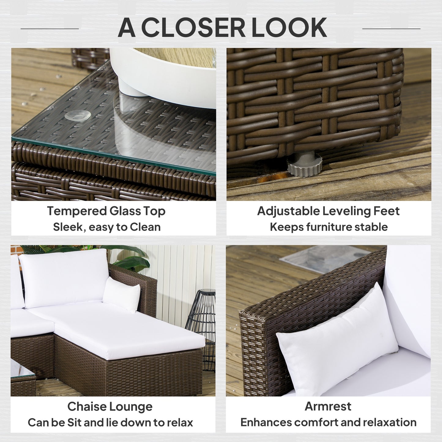 3pcs Modern Rattan Sofa Set, Wicker Patio Furniture Set with Coffee Table, Cushions, Pillows