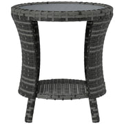 18" Wicker Outdoor Coffee Table, PE Rattan Patio Side Table with 2-Tier Storage, Composite Wood Top, Grey