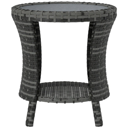 18" Wicker Outdoor Coffee Table, PE Rattan Patio Side Table with 2-Tier Storage, Composite Wood Top, Grey