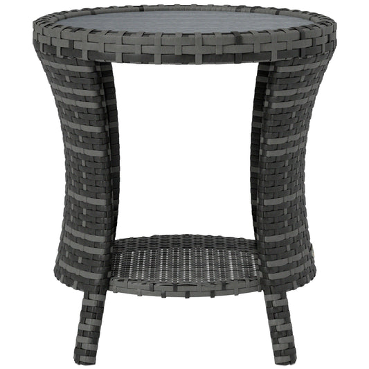 18" Wicker Outdoor Coffee Table, PE Rattan Patio Side Table with 2-Tier Storage, Composite Wood Top, Grey