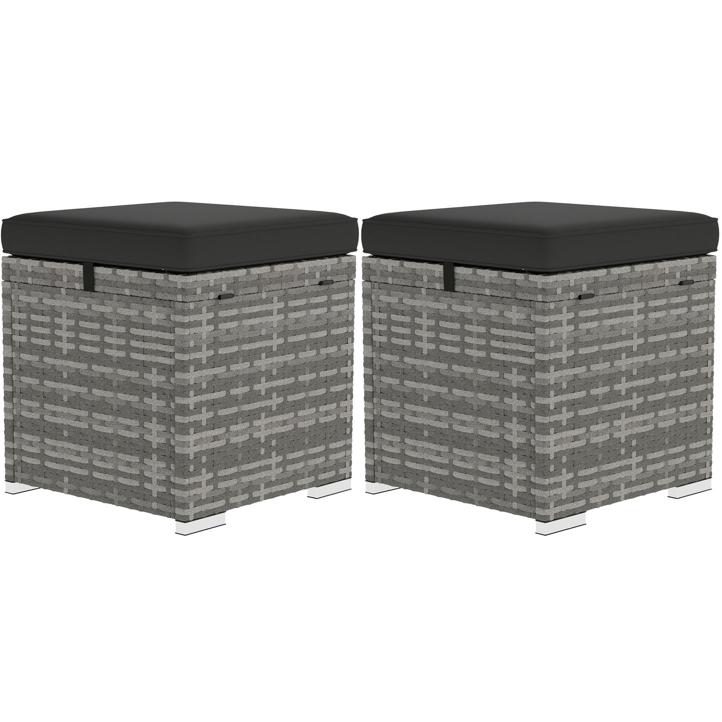 2 Pieces Wicker Outdoor Ottoman with Storage, Cushion, Square Outdoor Footstool, Seating, Side Table, Dark Grey
