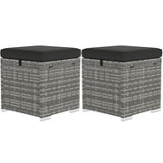 2 Pieces Wicker Outdoor Ottoman with Storage, Cushion, Square Outdoor Footstool, Seating, Side Table, Dark Grey