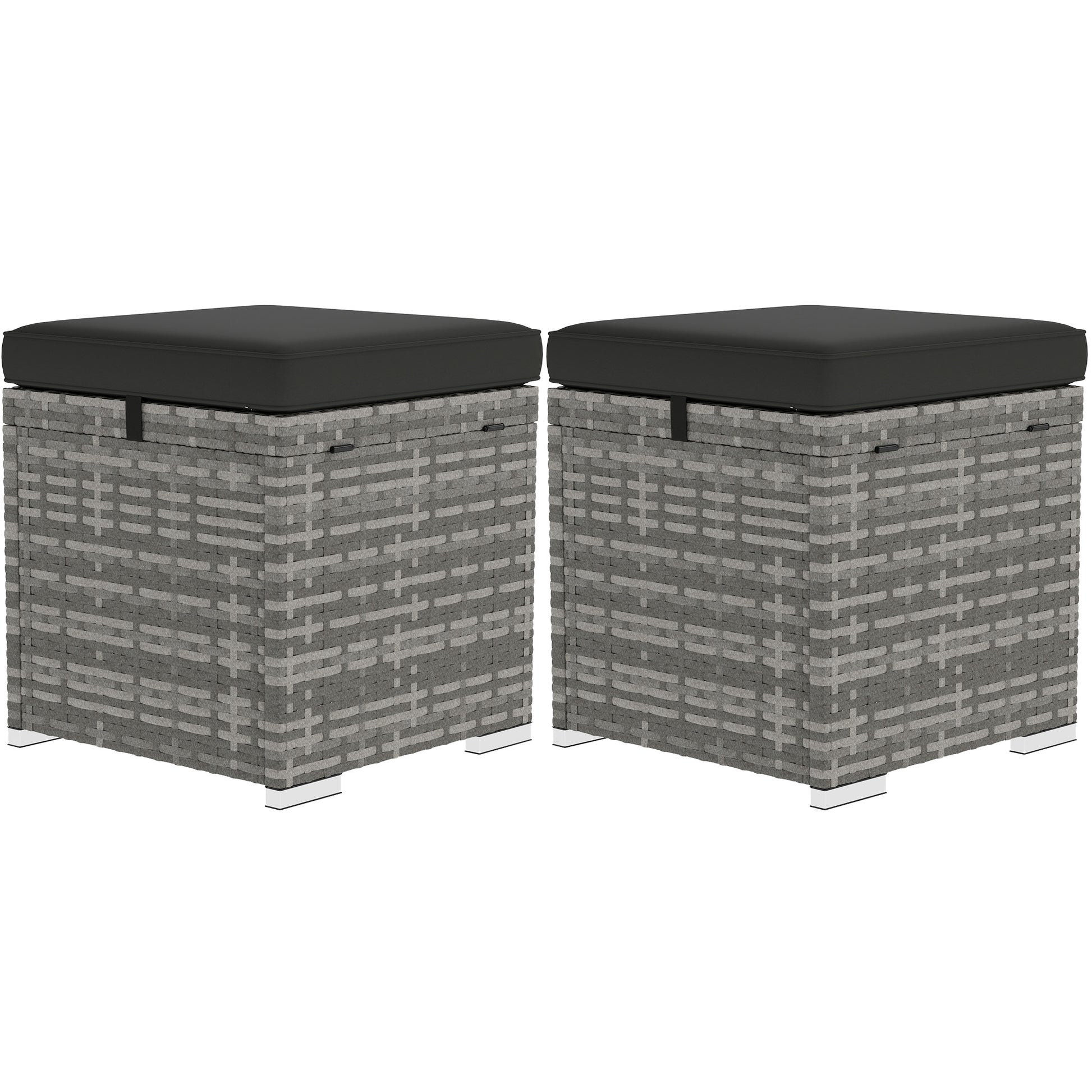 2 Pieces Wicker Outdoor Ottoman with Storage, Cushion, Square Outdoor Footstool, Seating, Side Table, Dark Grey