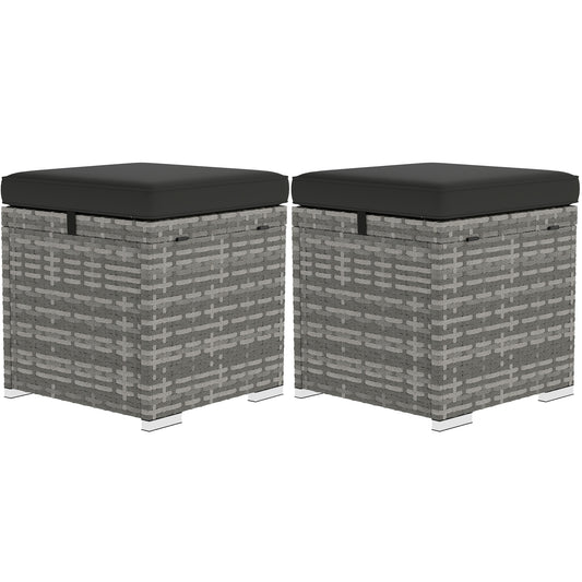2 Pieces Wicker Outdoor Ottoman with Storage, Cushion, Square Outdoor Footstool, Seating, Side Table, Dark Grey