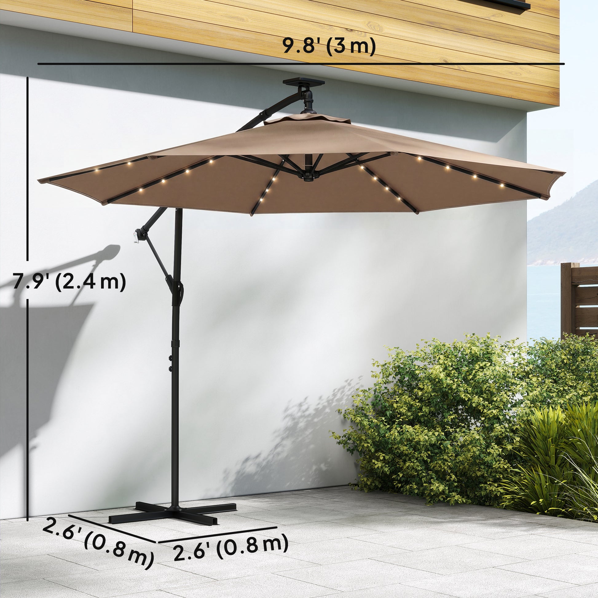 9.7 ft Cantilever Patio Umbrella with Solar Light, Garden Hanging Parasol with Cover, Tilt, Crank, Khaki