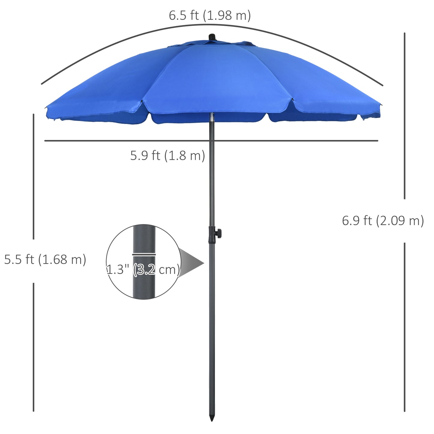 6ft Beach Umbrella, Outdoor Sun Shade Parasol with Push Button Tilt, Ruffled UV50+ Vented Canopy, Blue