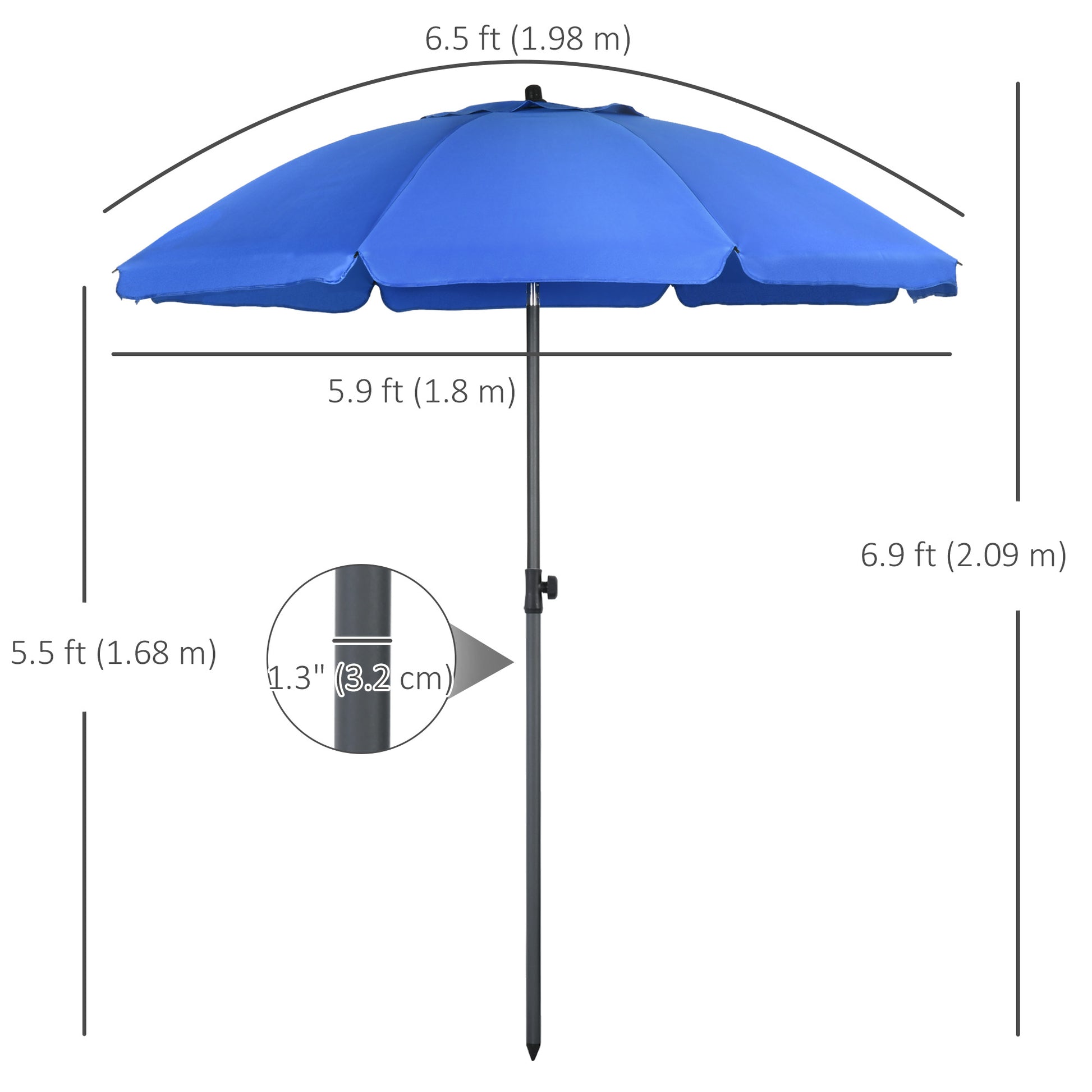 6ft Beach Umbrella, Outdoor Sun Shade Parasol with Push Button Tilt, Ruffled UV50+ Vented Canopy, Blue