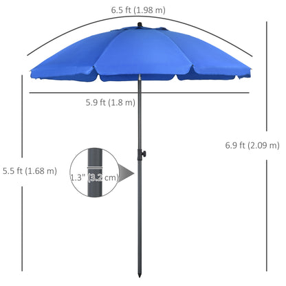 6ft Beach Umbrella, Outdoor Sun Shade Parasol with Push Button Tilt, Ruffled UV50+ Vented Canopy, Blue
