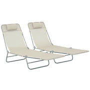 Set of 2 Folding Chaise Lounge Chairs, Outdoor Poolside Sun Tanning Chairs w/ Pillow, Reclining Backrest, Cream White