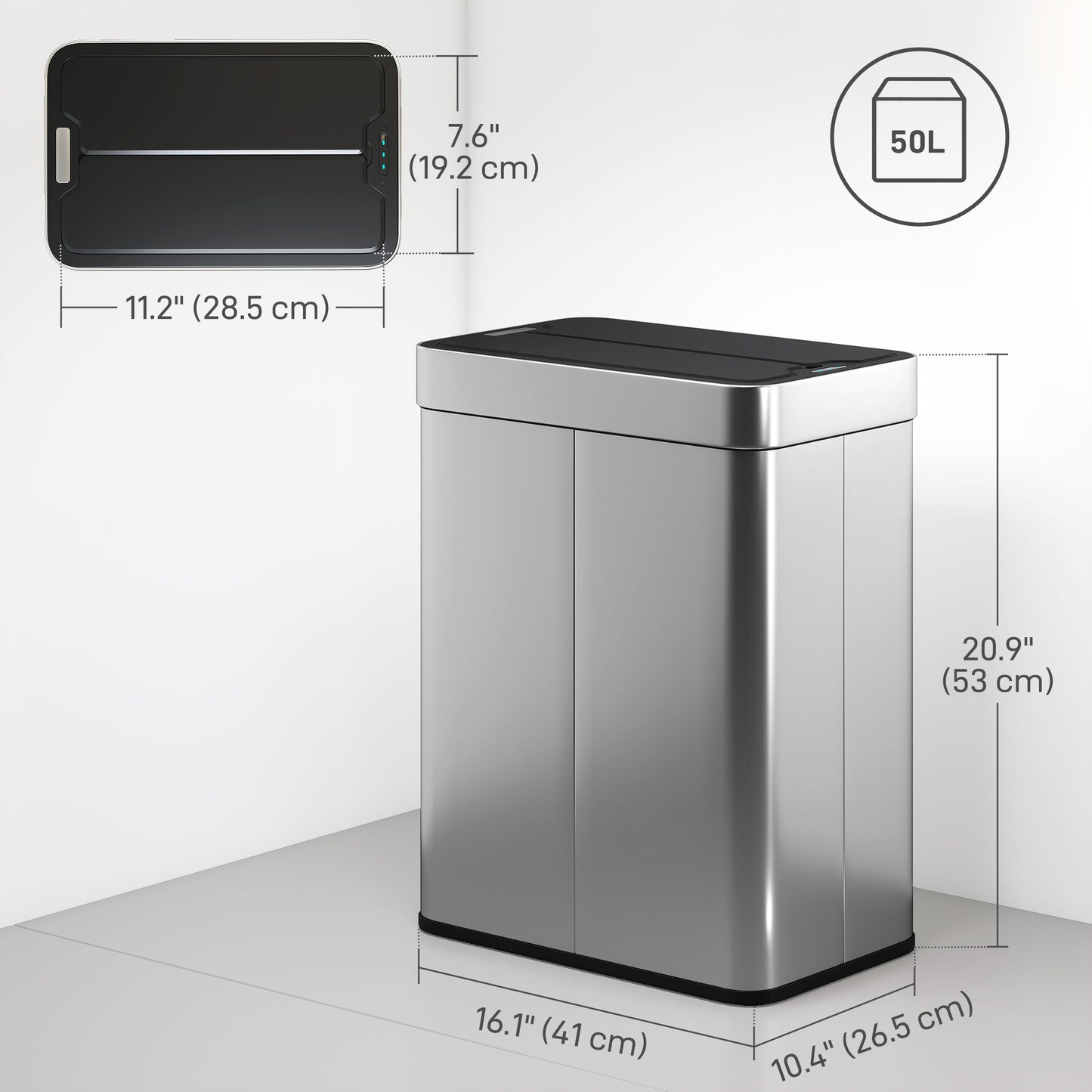 13.2 Gallon Sensor Can, Automatic Garbage Can with Soft-Close Butterfly Lid, Fingerprint-Proof Stainless Steel, Silver