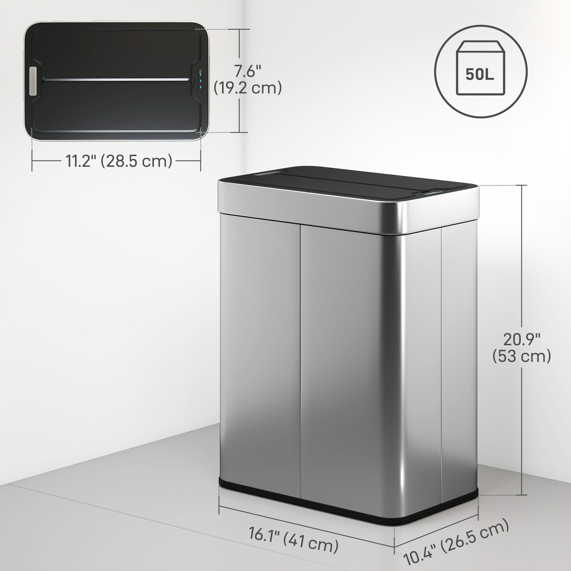 13.2 Gallon Sensor Can, Automatic Garbage Can with Soft-Close Butterfly Lid, Fingerprint-Proof Stainless Steel, Silver