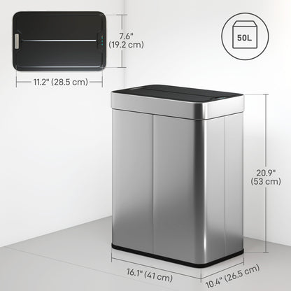 13.2 Gallon Sensor Can, Automatic Garbage Can with Soft-Close Butterfly Lid, Fingerprint-Proof Stainless Steel, Silver
