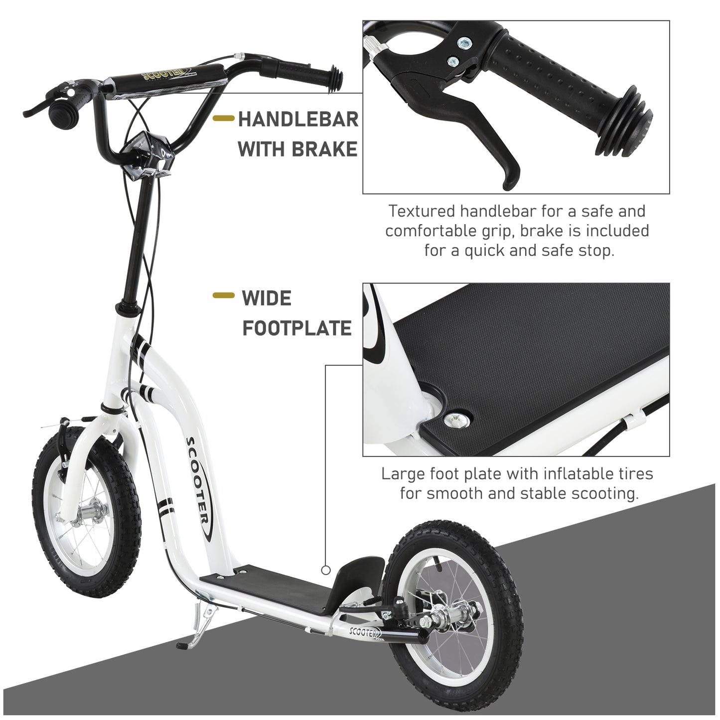 Aosom Dual Brakes Kick Scooter 12-Inch Inflatable Front Wheel Ride On Toy for Age 5+, White
