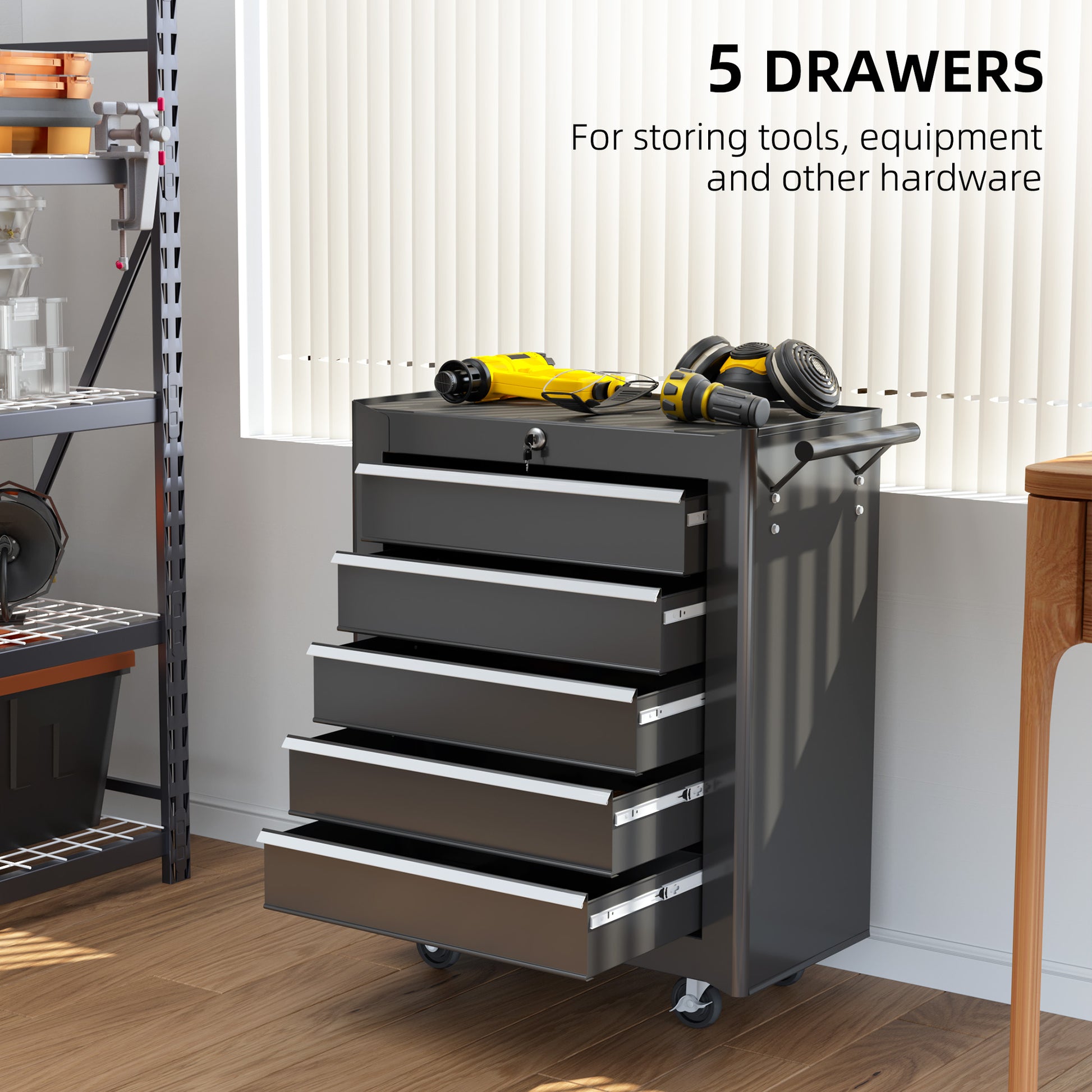 Rolling Tool Chest, 5-Drawer Lockable Tool Cabinet with 4 Wheels, Handle, Toolbox Storage Organizer for Garage, Workshop, Repair Shop, Black